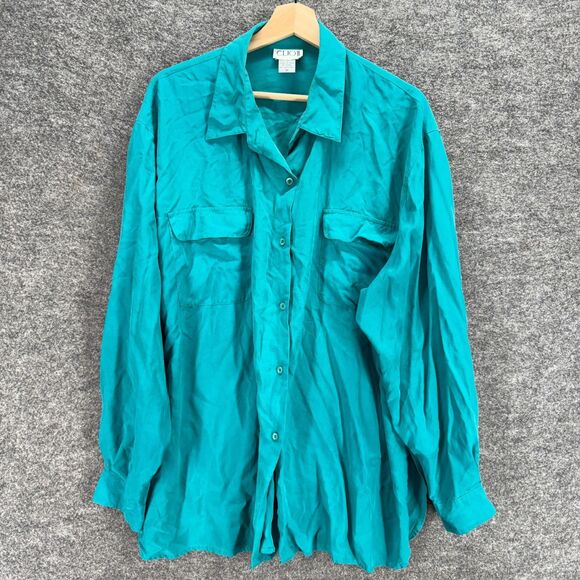 Clio II Shirt Women 3X Plus Blue Button Up Silk Long Sleeve Collared Pockets - Picture 1 of 6